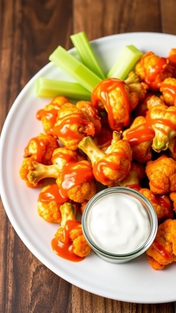 Crispy cauliflower wings in buffalo sauce served with celery and ranch dressing.